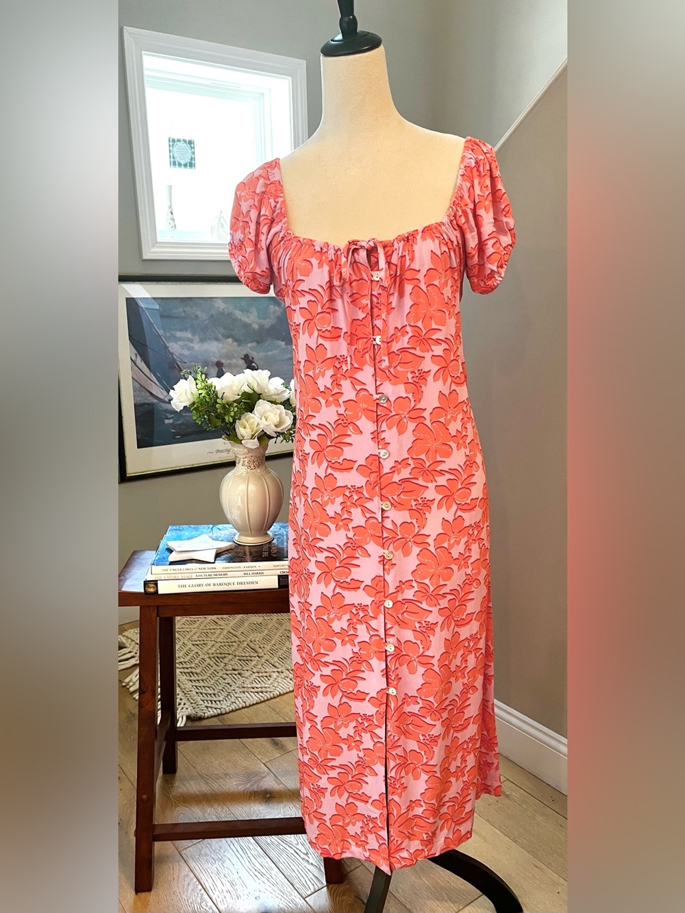 ROXY Maxi Dress Shelly Coast Buttons Rusched Back Tropical Sz LARGE